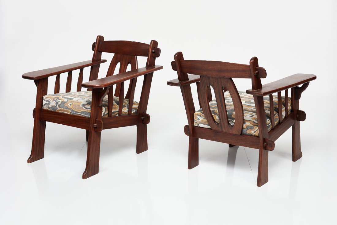 Arts & Crafts Style, Paddle Arm Chairs (2): Arts & Crafts Style Pair of paddle arm chairs, 1940s Mahogany, fabric. Each: 32" H x 30.25" W x 34" D