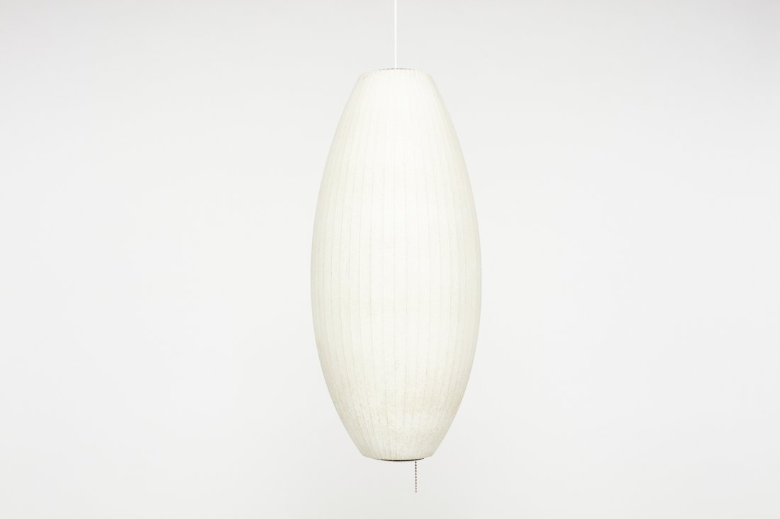 George Nelson, 'Cigar' Bubble Lamp: George Nelson 'Cigar' bubble lamp, 1950s Sprayed fiberglass over metal frame, steel. Manufactured by Howard Miller, USA. 34" H x 14" Diameter Variable drop.