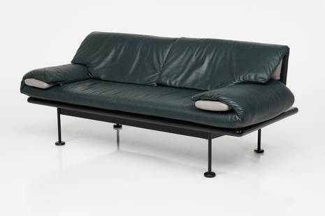 Burkhard Vogtherr, 'Graffiti' Settee: Burkhard Vogtherr Graffiti' settee, ca. 1984 Leather, ebonized wood, painted metal. Manufactured by Brayton International, USA. Underside with manufacturer's label. 28" H x 64.75" W x 30" D