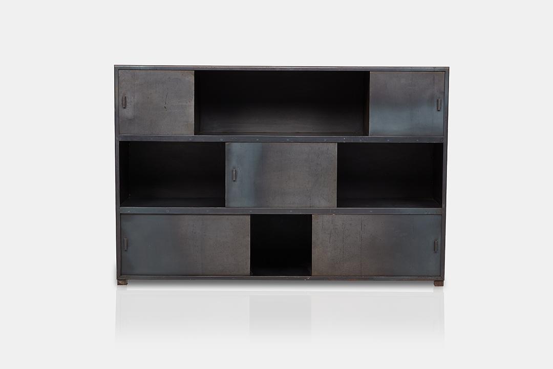 Industrial, Steel Bookcase: Industrial Bookcase with sliding doors, 1990s Patinated steel. 39.5" H x 58.75" W x 16" D