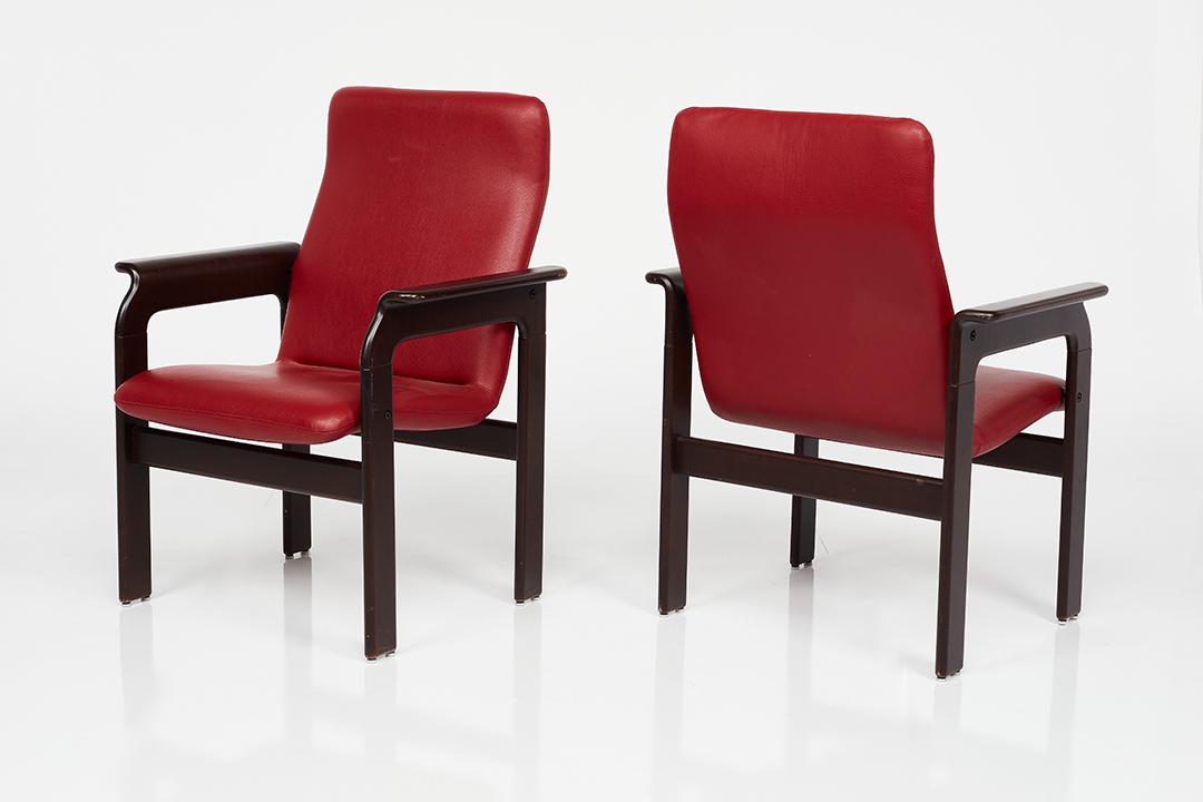 Bruno Rey, Armchairs (2): Bruno Rey Pair of armchairs, ca. 1971 Stained beech, leather. Manufactured by Dietiker & Co, Switzerland. Underside with manufacturer's decal. Each: 38" H x 28" W x 26" D
