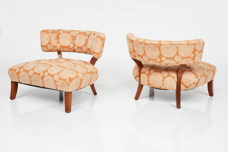 William 'Billy' Haines, Slipper Chairs (2): William 'Billy' Haines Pair of slipper chairs, 1940s Fabric, stained oak. Each: 28" H x 33" W x 30" D