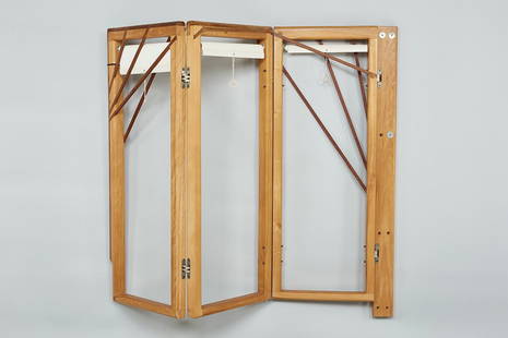 Paul Tuttle, Wall-Mounted Folding Screen: Paul Tuttle Wall-mounted folding screen, 1980s Elm, oak, mahogany, plastic roller shades. Executed by Bud Tullis, Solvang, CA. 57" H x 20" W x 60" D, fully extended