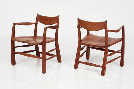 Richard Patterson, Sculptural Armchairs (2): Richard Patterson Pair of sculptural armchairs, 1990s Walnut. Studio-made in the USA. Underside branded with artist's initials. Each: 29.75" H x 24" W x 25" D