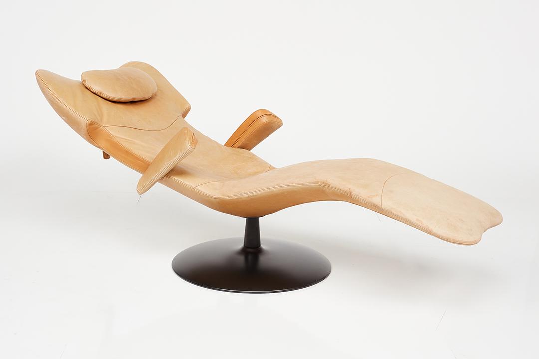 Italian, Chaise Lounge: Italian Chaise lounge, 1980s Leather, painted metal. 22" H x 30" W x 63" D