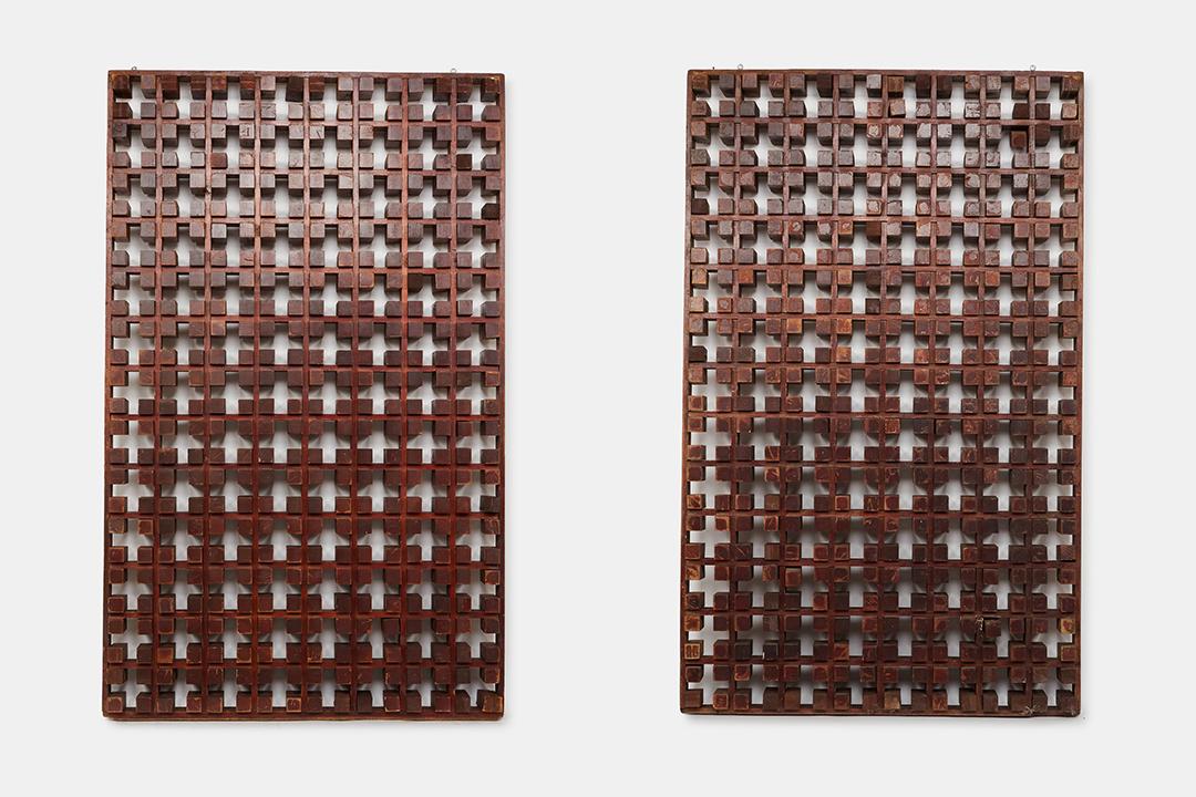 Mexican, Architectural Screens (2): Mexican Pair of architectural screens, 1960s Tropical wood. Crafted in Mexico. 85.5" H x 53" W x 6" D Provenance: Private residence, Mexico City