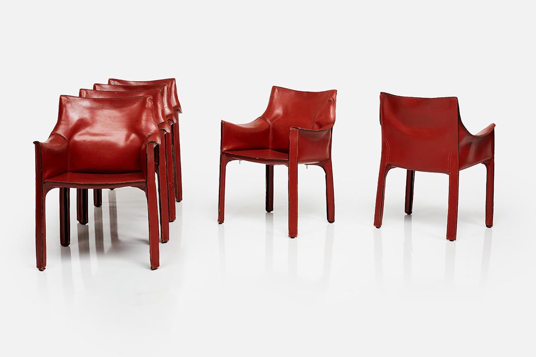 Mario Bellini, 'Cab' Armchairs (6): Mario Bellini Set of six 'Cab' armchairs, 1970s Leather over steel. Manufactured by Cassina, Italy. Underside of seats impressed with manufacturer's mark. Each: 32" H x 23" W x 19" D Seat height: 17"
