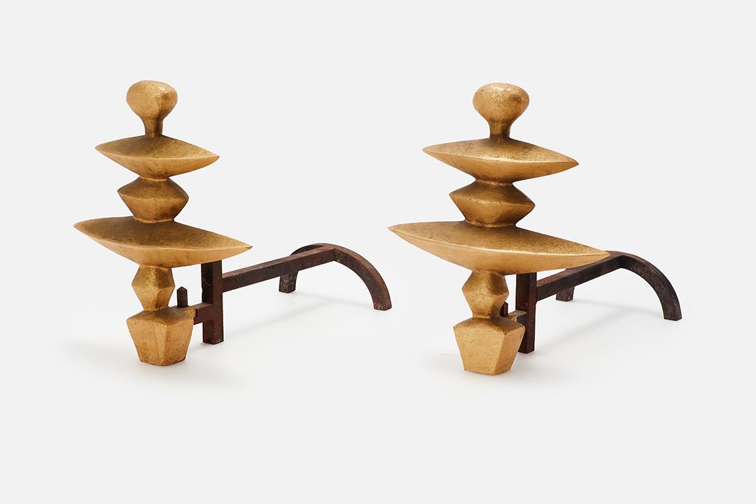 After Alberto Giacometti, Andirons (2): After Alberto Giacometti (Swiss, 1901-1966) Pair of andirons, from the Nelson Rockefeller Collection, 1978 Gilt bronze, iron. Manufactured by Excalibur Bronze, USA. Impressed with "1978" and the lette