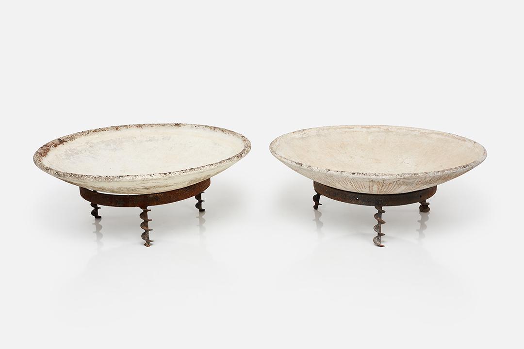 Willy Guhl, Large 'Saucer' Planters (2): Willy Guhl Large 'Saucer' planters on rustic stands, 1960s Fibrated concrete, iron. Manufactured by Eternit, Switzerland. Each: 24" H x 59" Diameter