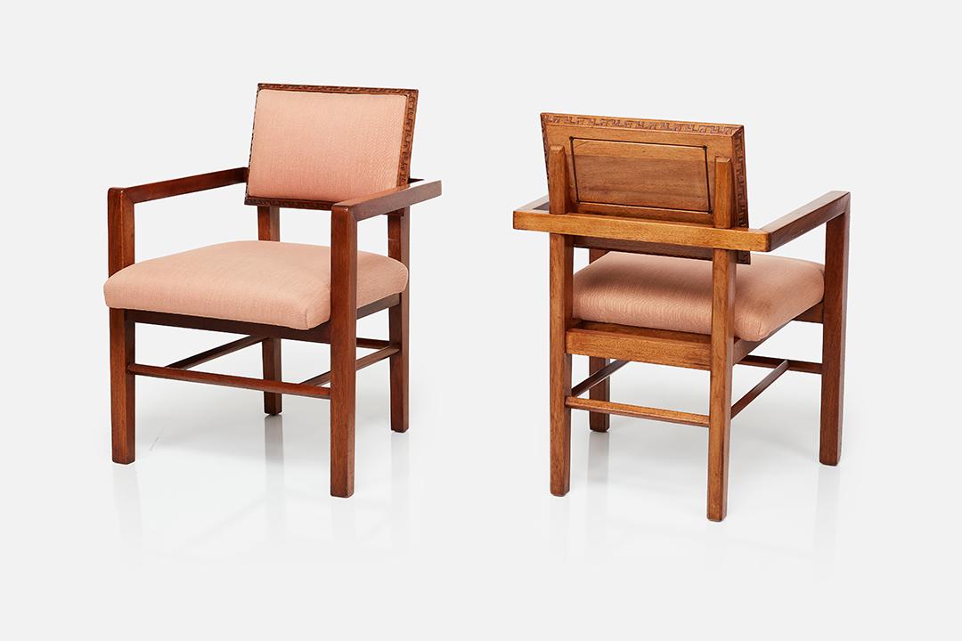 Frank Lloyd Wright, 'Taliesin Group' Armchairs (2): Frank Lloyd Wright Pair of 'Taliesin Group' armchairs, ca. 1955 Mahogany, fabric. Manufactured by Heritage Henredon, USA. Each: 31.5" H x 23" W x 22.75" D Seat height: 18"
