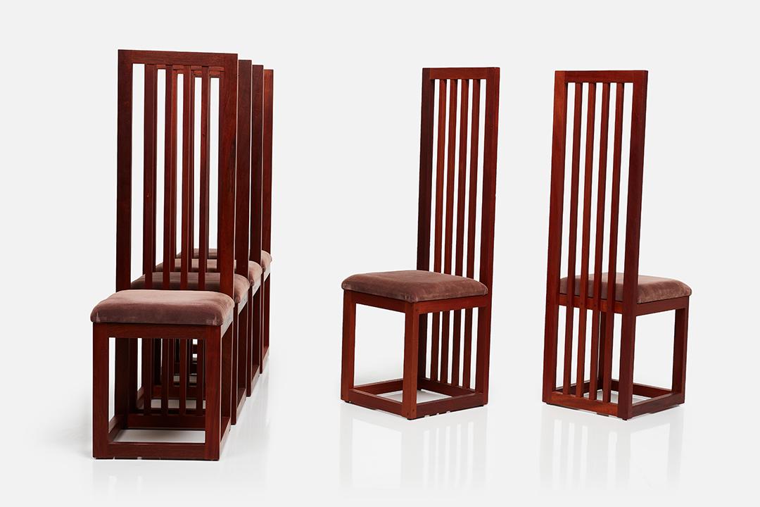 Arts & Crafts Style, High-Back Dining Chairs (6): Arts & Crafts Style Set of six studio-crafted dining chairs, 1970s Mahogany, velvet. Each: 51.25" H x 16" W x 16.75" D Seat height: 19.5"