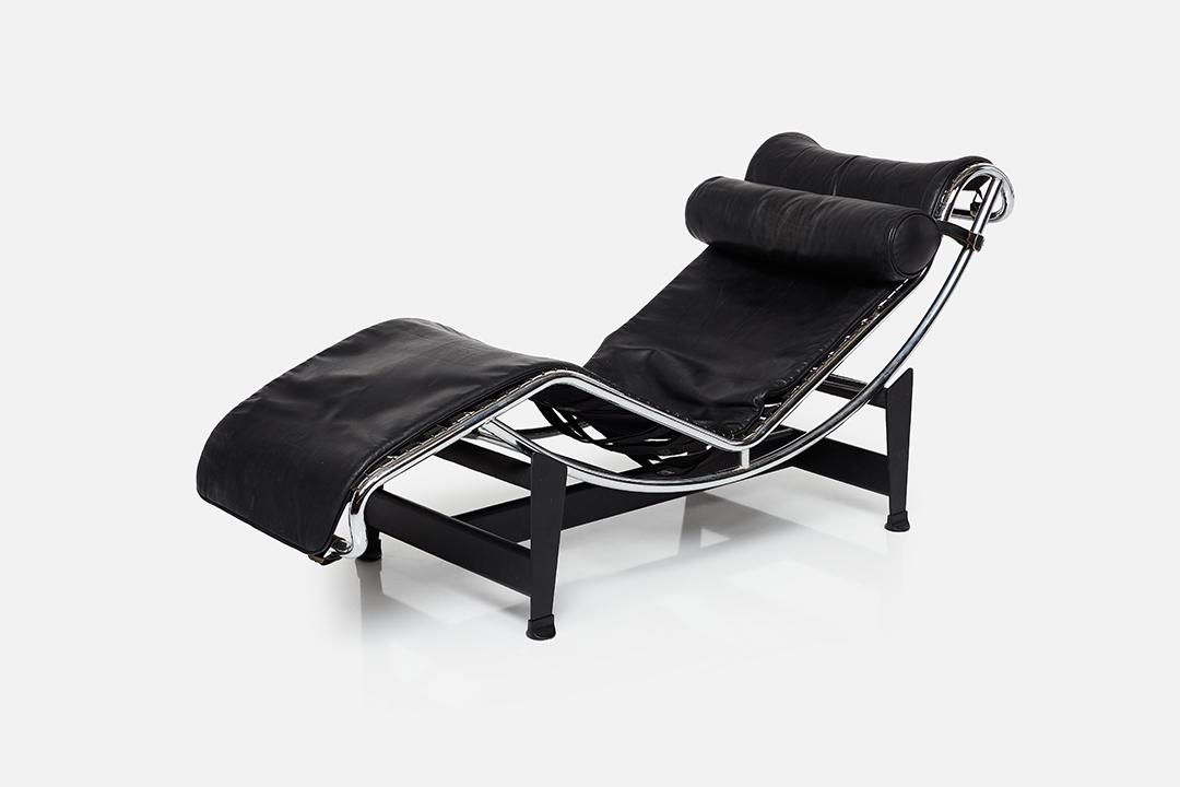 Le Corbusier, 'LC4' Chaise Lounge: Le Corbusier LC4' chaise lounge, 1970s Leather, chrome, painted metal. Manufactured by Cassina, Italy. Base with manufacturer's label. 27" H x 63" W x 22" D