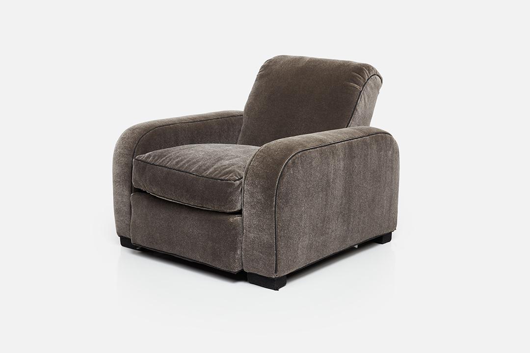 Jean Royère Style, Lounge Chair: Jean Royère Style Lounge chair, 1930s Mohair, fabric, wood. 30.5" H x 35" W x 40" D Seat height: 17.5"