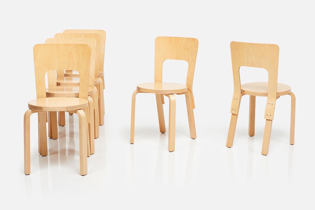 Alvar Aalto, Dining Chairs (6): Alvar Aalto Set of six dining chairs, model no. 66, designed 1935, executed 2005 Birch plywood. Manufactured by Artek, Finland. Undersides with manufacturer's stickers. Each: 31" H x 15" W x 19" D Sea