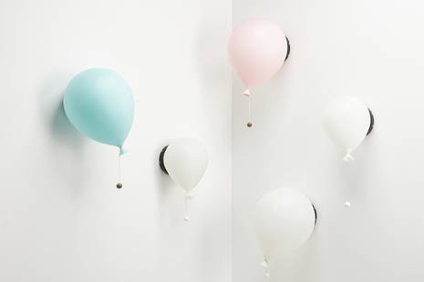 Yves Christin, 'Balloon' Wall Lights (5): Yves Christin Set of five 'Balloon' wall lamps, 1970s Plastic, nylon string. Manufactured by Bilumen, Italy. Wall mount molded with manufacturer and designer information. Comprising three large and tw