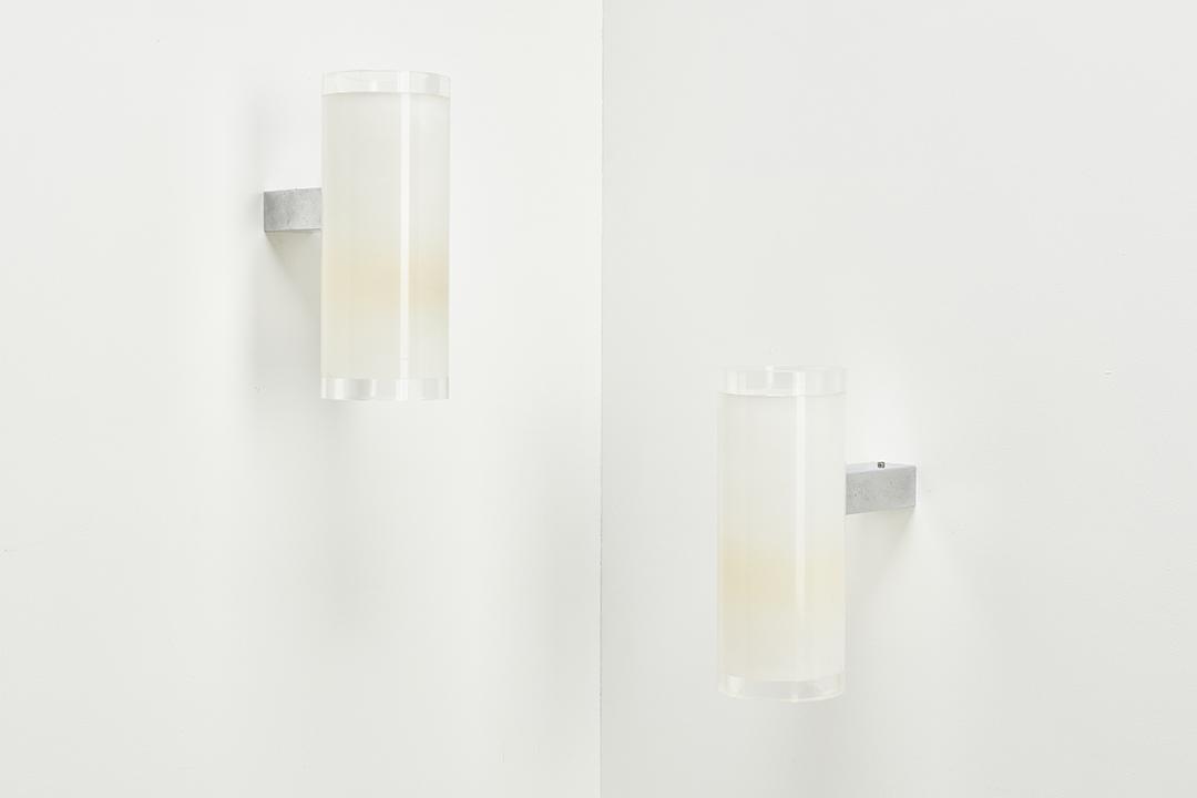 French, Acrylic Sconces (2): French Pair of sconces, 1970s Opaque and clear acrylic, chrome-plated metal. Each: 12" H x 4.75" W x 9" D