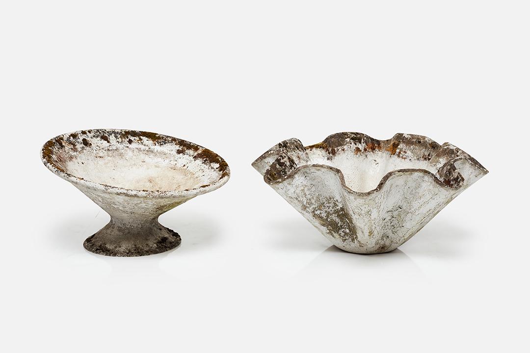 Willy Guhl, 'Handkerchief' and 'Off-KIlter' Planters (2): Willy Guhl Handkerchief' and 'Off-Kilter' planters, 1960s Fibrated concrete. Manufactured by Eternit, Switzerland. Handkerchief: 14" H x 31" Diameter Off-Kilter: 15" H x 25" Diameter
