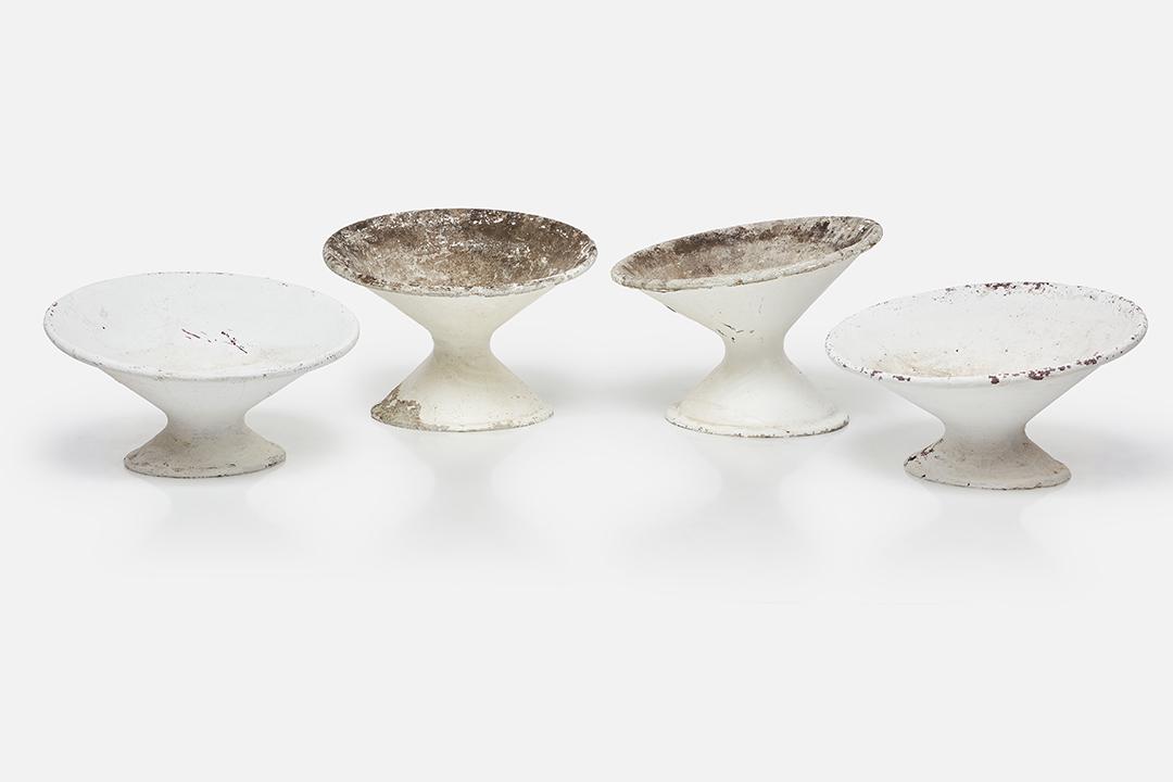 Willy Guhl, 'Off-Kilter' Planters (4): Willy Guhl Set of four 'Off-Kilter' planters, 1960s Fibrated concrete. Manufactured by Eternit, Switzerland. Lot comprising two small and two large planters. Each small: 15" H x 25" Diameter Each larg