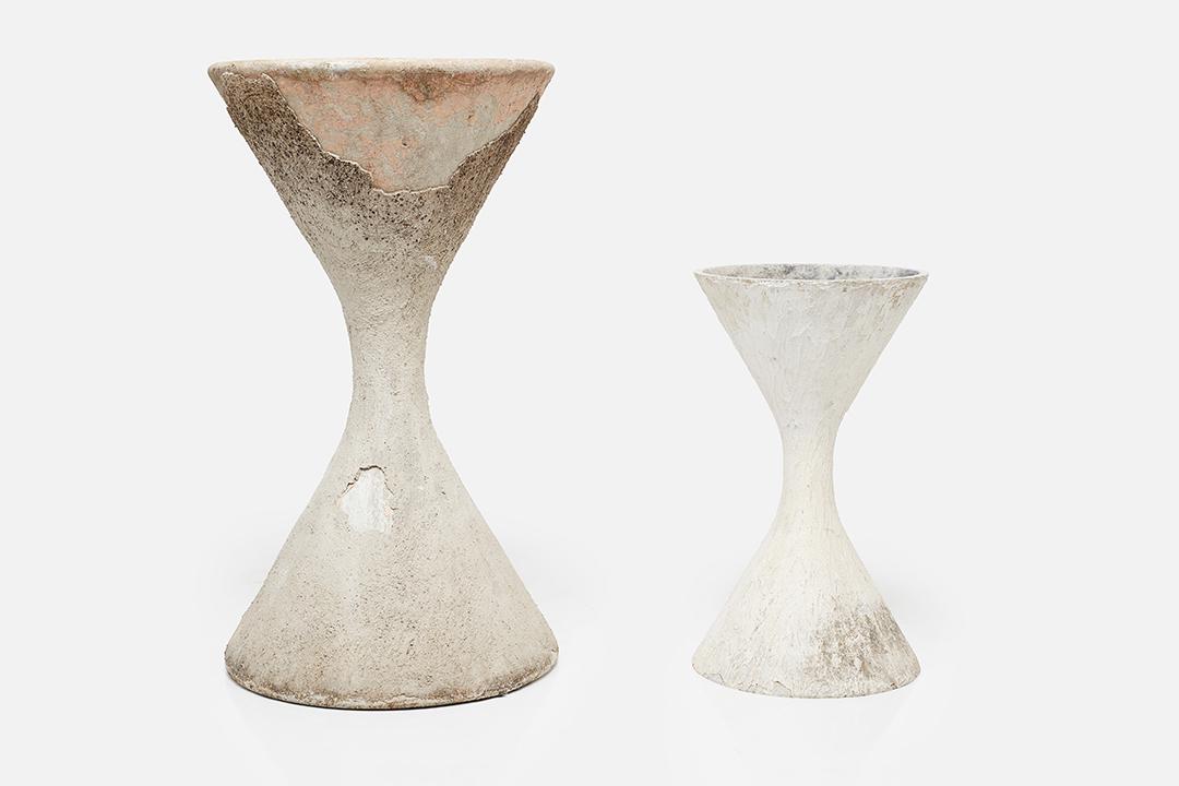 Willy Guhl, 'Diabolo' Planters (2): Willy Guhl Two 'Diabolo' planters, 1960s Fibrated concrete. Manufactured by Eternit, Switzerland. Large: 38" H x 21" Diameter Small: 25" H x 14" Diameter