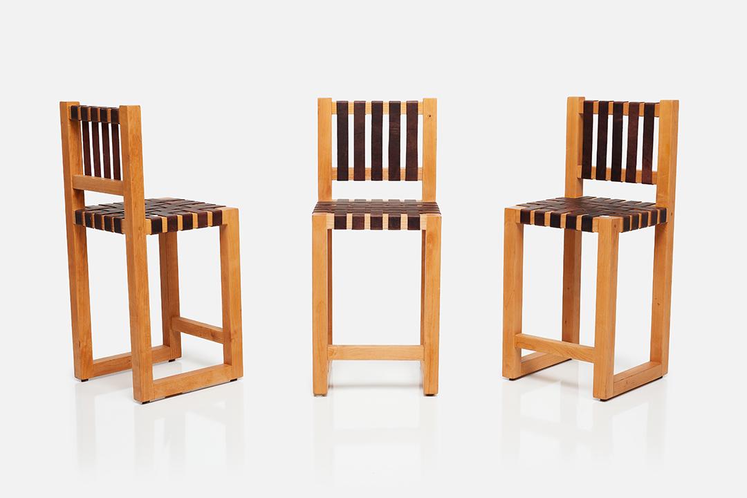 Modernist, Bar Stools (3): Modernist Set of three bar stools, 1960s Maple, leather. Each: 36" H x 15.75" W x 16" D Seat height: 23" Formerly placed in the Richard Neutra McSorley house, Thousand Oaks, CA.