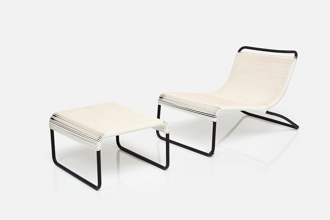 Hendrik Van Keppel & Taylor Green, Lounge Chair and Ottoman (2): Hendrik Van Keppel & Taylor Green Lounge chair and ottoman, model nos. 800 and 801, 1950s Painted tubular steel, plastic cording. Manufactured by Brown Jordan, USA / Mexico. Chair: 25" H x 20.75" W x 
