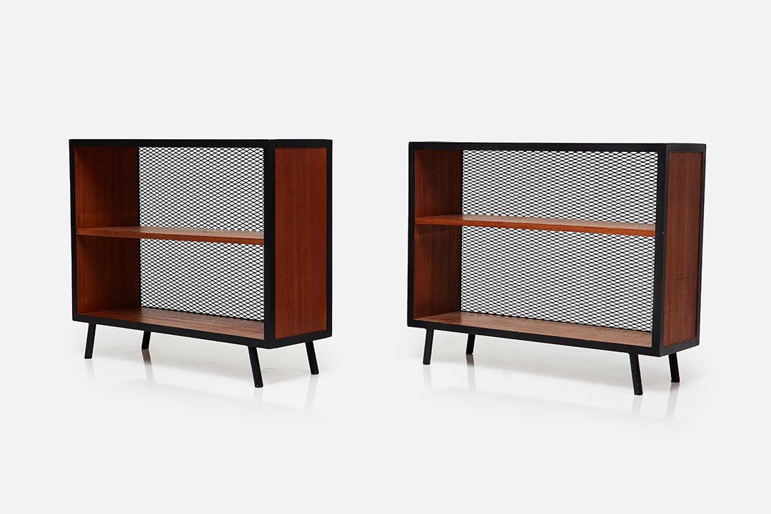 Donald Knorr, Bookshelves (2): Donald Knorr Pair of bookshelves, 1950s Mahogany, painted iron. Manufactured by Vista, USA Each: 29.5" H x 36" W x 11.5" D