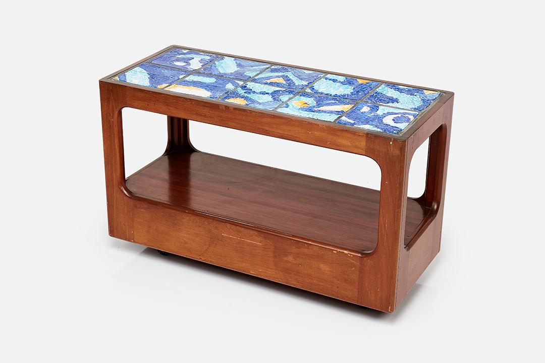 Viola Frey, Custom Server: Viola Frey Custom server with tile top, 1972 Glazed ceramic tile, walnut, hidden wheels. Custom-made for the Rubinstein's William F. Cody-designed house in Rancho MIrage, CA. 33.5" H x 54.5" W x 23.75