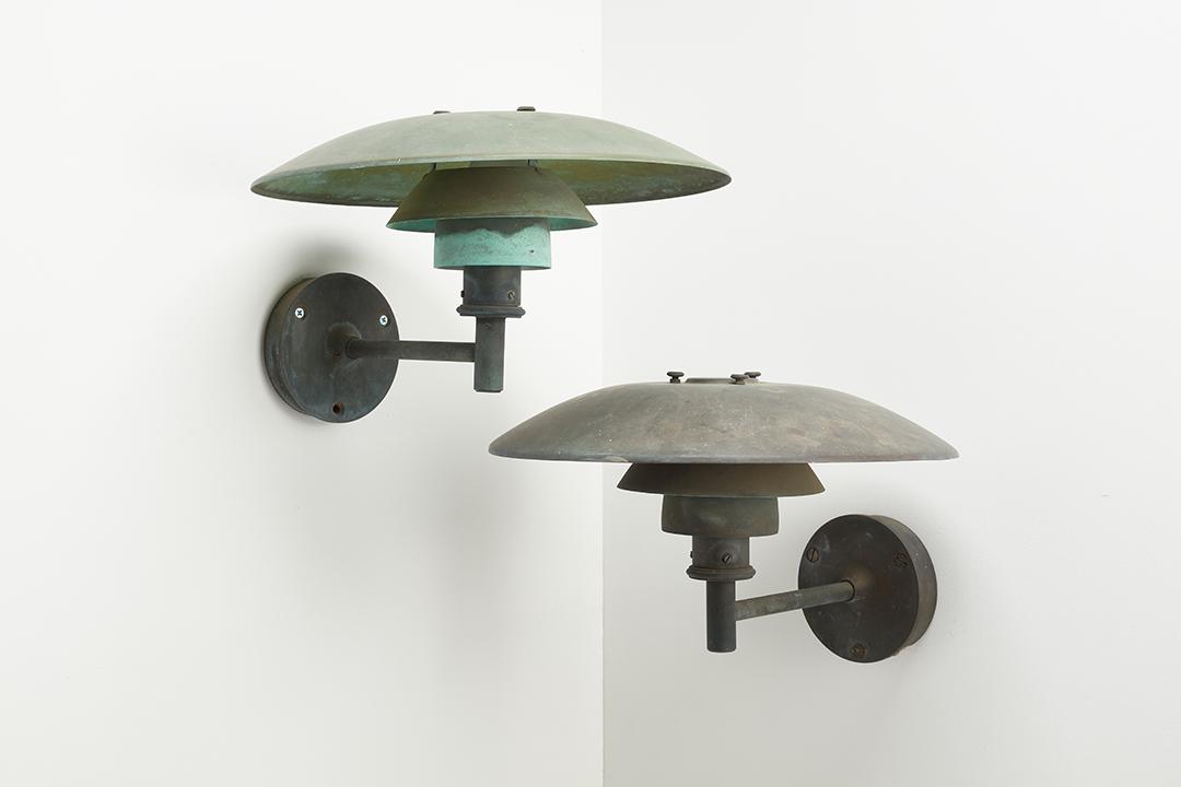 Poul Henningsen, Sconces (2): Poul Henningsen Pair of sconces, model no. PH 4.5/3, 1960s Copper, metal. Manufactured by Louis Poulsen, Denmark. Each: 12" H x 18" W x 20.5" D