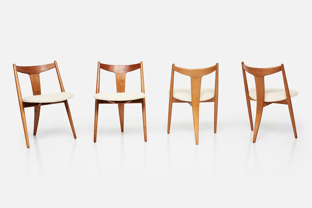 Illum Wikkelsø, Three-legged Dining Chairs (4): Illum Wikkelsø Set of four dining chairs, 1955 Teak, Alexander Girard 'Lanalux' fabric. Manufactured in Denmark. Each: 31.25" H x 20.5" W x 23.5" D Seat Height: 19"
