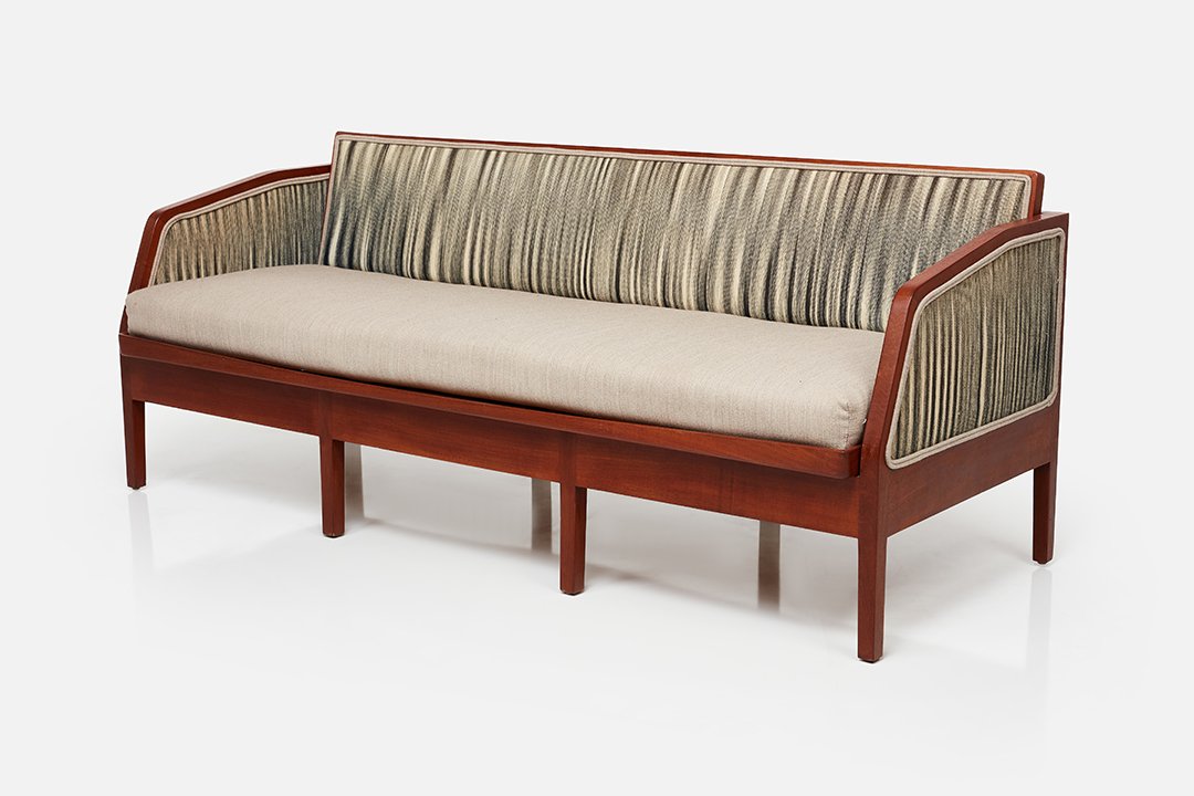 Danish, Sofa / Daybed: Danish Sofa/daybed, 1950s Teak, fabric. 32" H x 80.5" W x 31.5" D Seat height: 20.5" 40.5" deep, fully extended