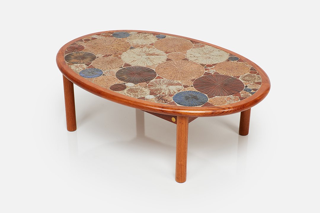 Tue Poulsen, Tile-Top Coffee Table: Tue Poulsen Tile-top coffee table, 1960s Teak, glazed ceramic tile. Produced by Haslev, Denmark. One stretcher with maker's brass roundel. 18" H x 53" W x 37.5" D