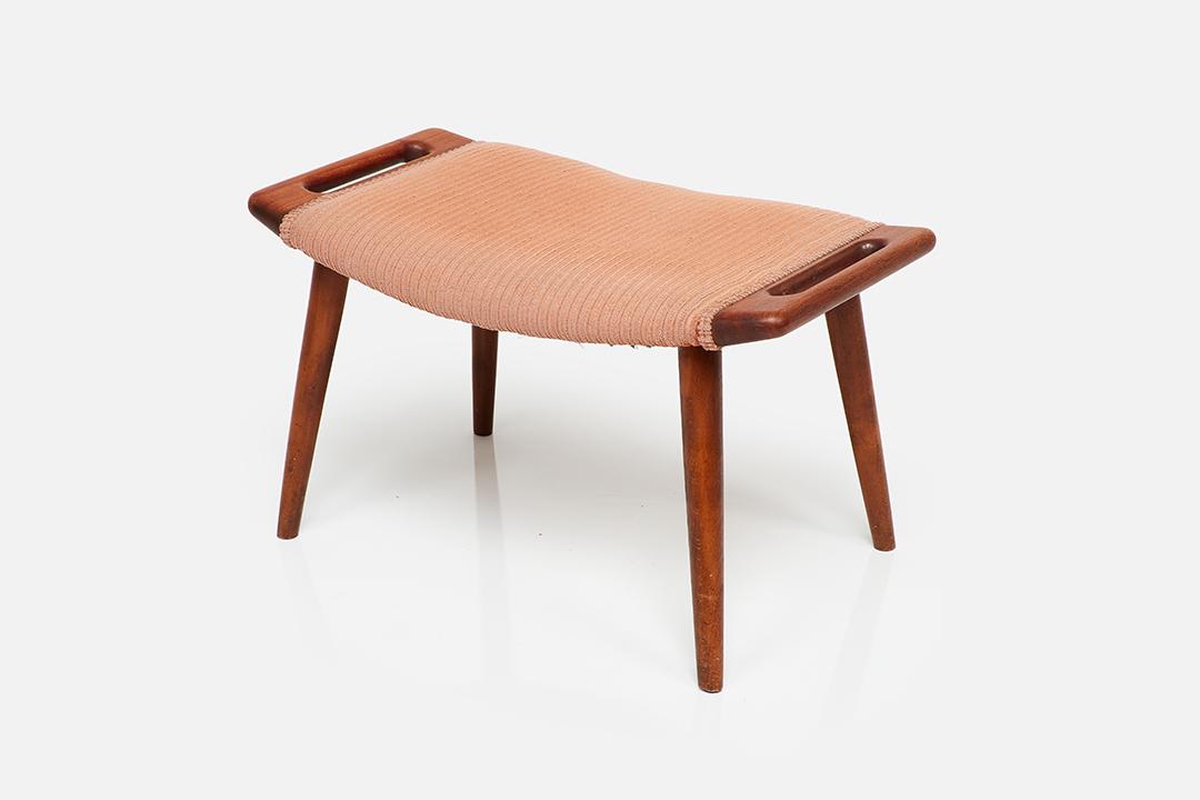 Hans J. Wegner, 'Papa Bear' Ottoman: Hans J. Wegner Papa Bear' ottoman, ca. 1950 Teak, fabric. Manufactured by A.P. Stølen, Denmark. Underside stamped "16." 16" H x 27.5" W x 16.25" D