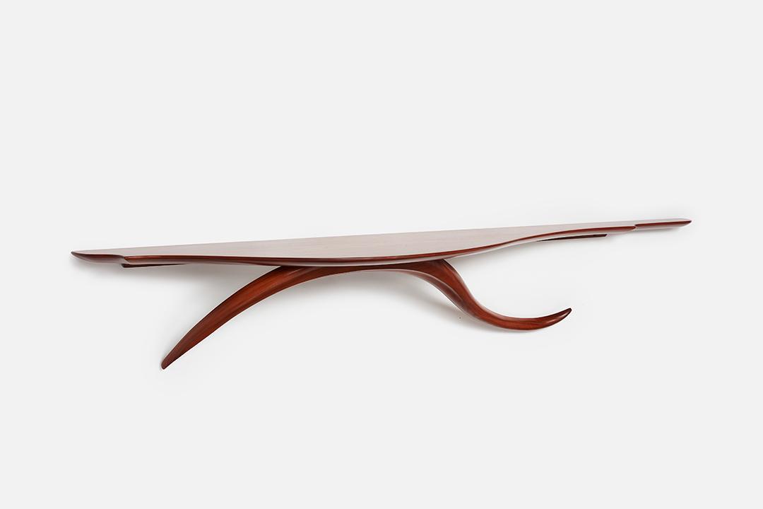 Ray Leach, Wall-Mounted Console Table: Ray Leach Wall-mounted console table, 1960s Walnut. Studio-made in California. 16" H x 92.75" W x 14" D Provenance: Estate of the artist; BILLINGS, September 19, 2015, Lot 147