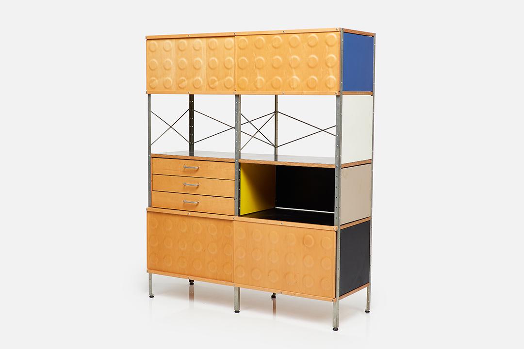 Charles & Ray Eames, 'ESU 400' Storage Unit: Charles & Ray Eames ESU 400 storage unit, 1994 Birch plywood, lacquered masonite, chrome-plated steel. Manufactured by Herman Miller, USA. Back lower edge with manufacturer and Eames Office labels. 58