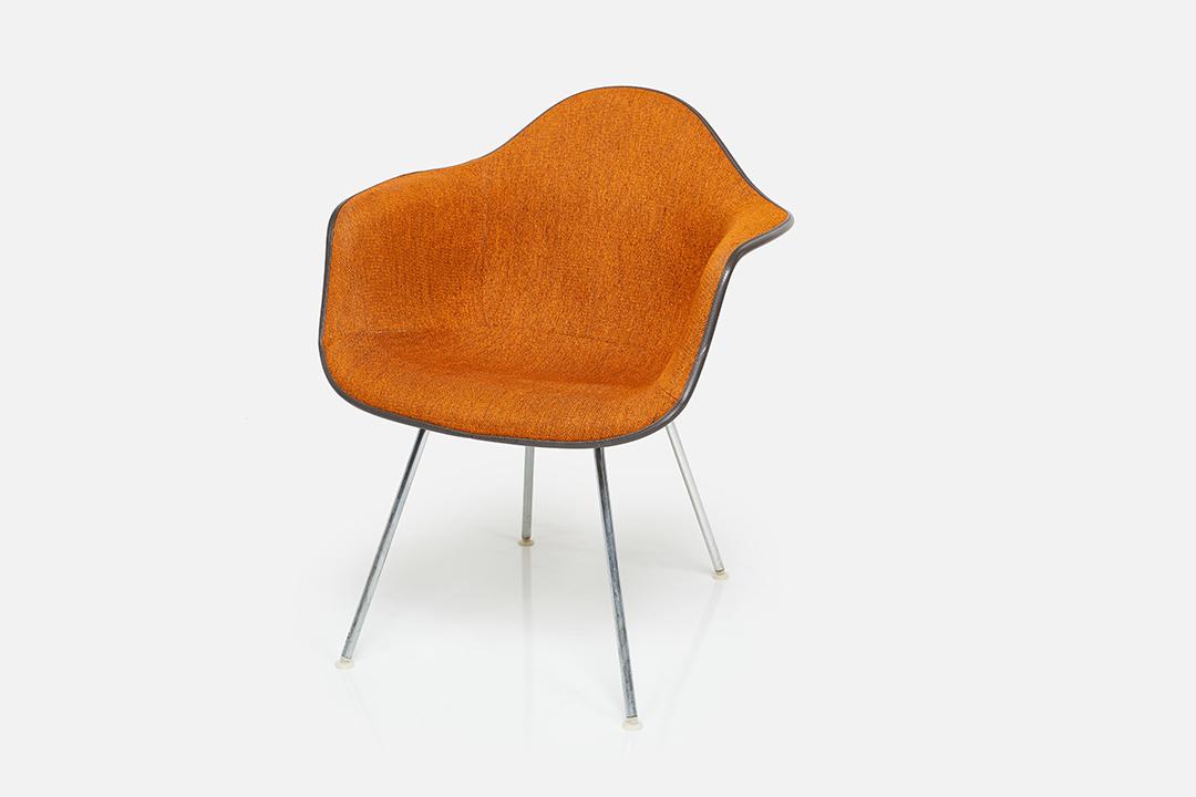 Charles & Ray Eames, Armshell Chair: Charles & Ray Eames Armshell chair with Alexander Girard fabric and 'wall saver' base, 1975 Fabric, fiberglass, chrome. Manufactured by Herman Miller, USA 31.5" H x 25" W x 24" D Seat height: 17.5"