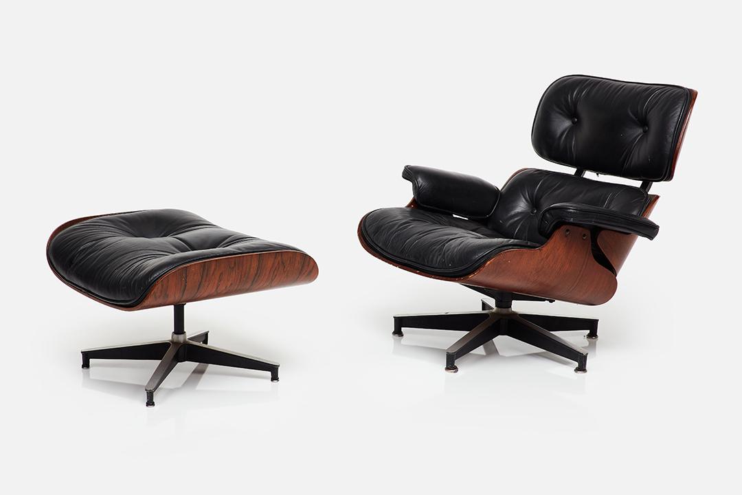 Charles & Ray Eames, Lounge Chair and Ottoman (2): Charles & Ray Eames Lounge chair and ottoman, model nos. 670 and 671, 1960s Rosewood-veneered plywood, leather, aluminum. Manufactured by Herman Miller, USA. Chair: 31" x 33.5" W x 30" D; Seat height:
