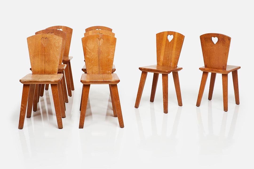 French, Dining Chairs (8): French Set of eight dining chairs, 1960s Pine. 29.75" H x 14" W x 15.5" D Seat height: 18"
