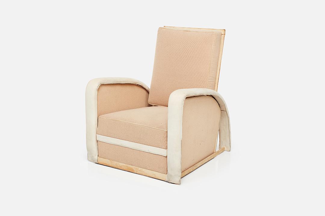 Jacques Adnet, Lounge Chair: Jacques Adnet Rolling lounge chair, ca. 1950 Fabric, suede and leather over steel. Made in France. 35" H x 29" W x 31" D Seat height: 14"