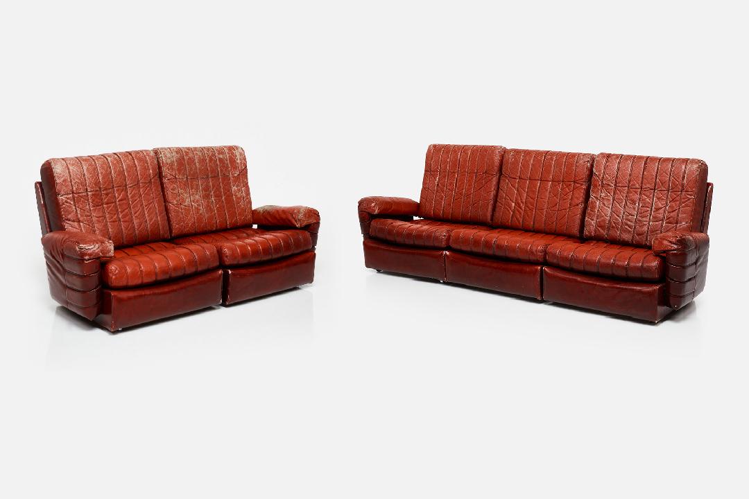 Modernist, Sofa & Settee (2): Modernist Sofa and settee, 1960s Vinyl. Made in France Settee: 32" h x 64" W x 29" D Sofa: 32" H x 91" W x 29" D Seat height: 12"