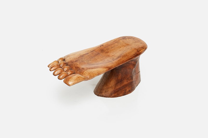 Pedro Friedeberg Style, 'Foot' Stool / Table: Pedro Friedeberg Style Foot' stool / table, 1970s Carved wood. Crafted in Mexico. 17.25" H x 37" W x 15" D
