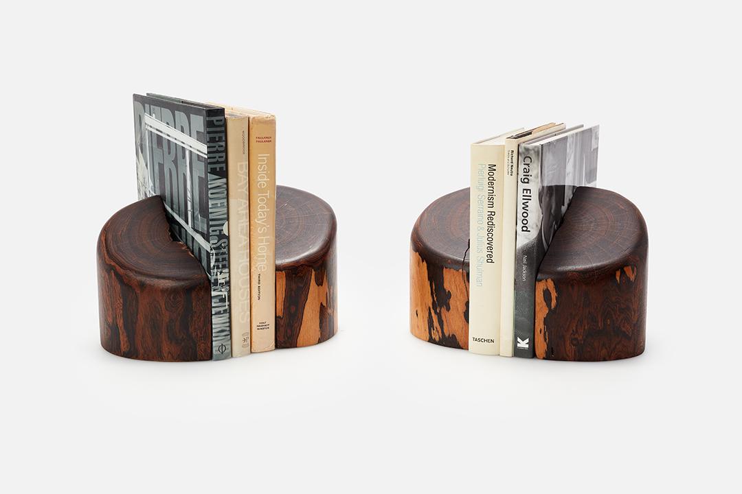 Don Shoemaker, Bookends (4): Don Shoemaker Two sets of bookends, ca. 1965 Cocobolo. Manufactured by Senal S.A., Mexico. Each set retaining maker's label. Each: 7" H x 8.5" W x 7" D