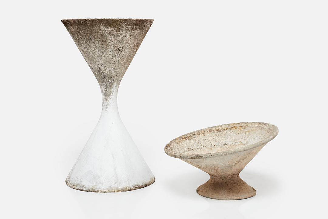 Willy Guhl, Large 'Diabolo' and 'Off-Kilter' Planters (2): Willy Guhl Large 'Diabolo' and 'Off-Kilter' planters, 1960s Fibrated concrete. Manufactured by Eternit, Switzerland. Diabolo: 38" H x 21" Diameter Off-Kilter: 15" H x 25" Diameter