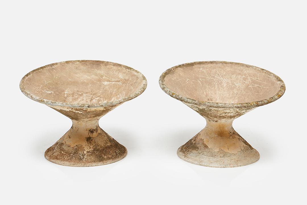Willy Guhl, 'Off-Kilter' Planters (2): Willy Guhl Pair of 'Off-Kilter' planters, 1960s Fibrated concrete. Manufactured by Eternit, Switzerland. Each: 18" H x 25" Diameter