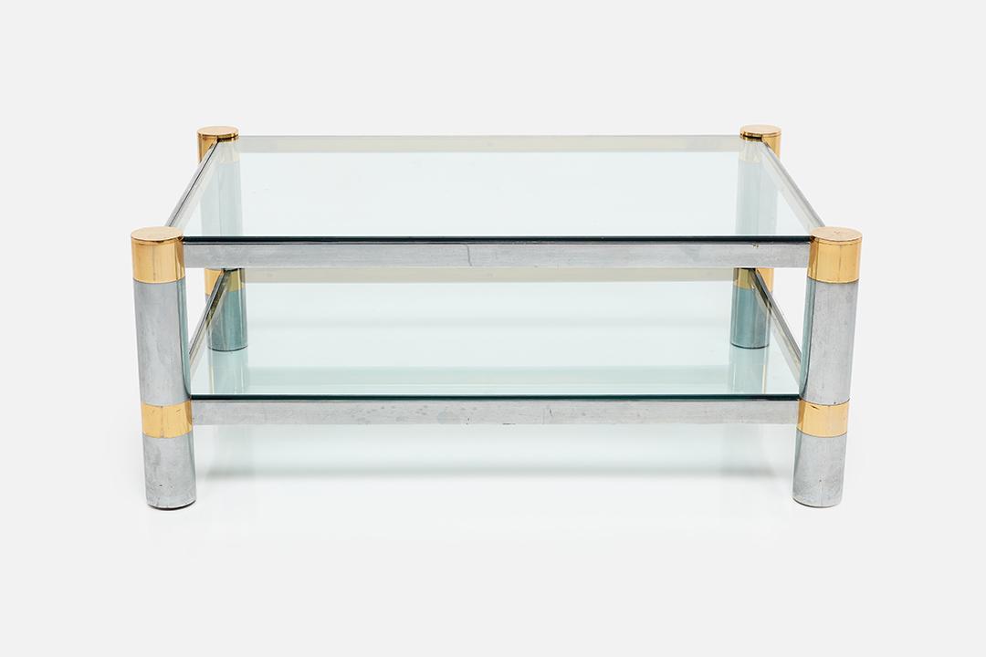 Karl Springer, 'Round Leg' Coffee Table: Karl Springer Round Leg' coffee table, 1980s Chrome-plated steel, brass, glass. Manufactured by Karl Springer LTD., USA. 16.75" H x 42" W x 30" D