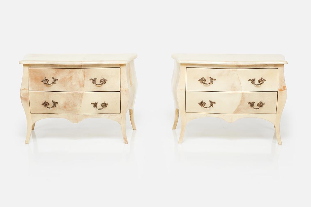 Enrique Garcel, Large Nightstands (2): Enrique Garcel Pair of large nightstands, 1980s Lacquered goatskin, brass. Produced for Jimeco, Colombia. Undersides with Jimeco labels. Each: 25" H x 36" W x 20" D