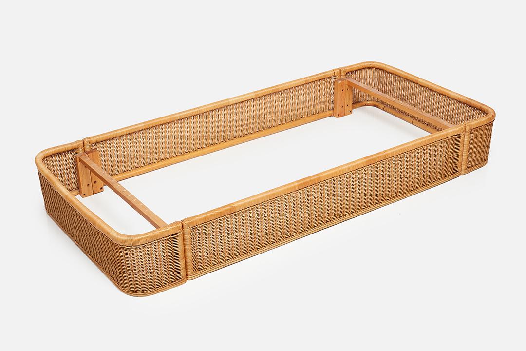 Modernist, Platform Daybed: Modernist Low daybed, 1970s Wicker, bamboo, wood. 10.5" H x 79.25" x 37" D