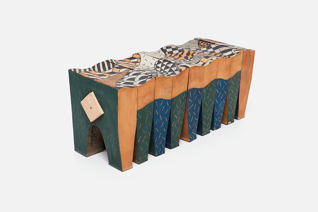 Kazuko Matthews, Garden Bench: Kazuko Matthews Garden bench, 2004 Hand-painted glazed stoneware. Studio-made in California. Signed to the underside. 16" H x 40" W x 14" D Exhibited: Playworks by Kazuko Matthews, Dolphin Gallery, Gu
