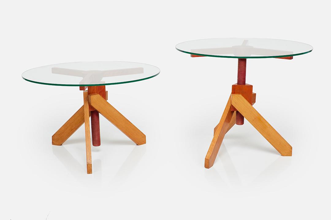 Vico Magistretti, 'Vidun' Tables (2): Vico Magistretti Pair of 'Vidun' tables, ca. 1987 Beech, glass. Produced by De Padova, Milan. As pictured: 25.25" H and 32.5" H x 39.25" Diameter