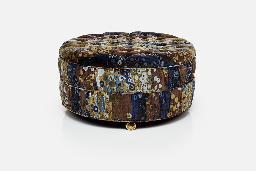 Edward Wormley, Rolling Ottoman: Edward Wormley Rolling ottoman, 1950s Jack Lenor Larsen velvet, wood, casters. Manufactured by Dunbar, USA. 16.5" H x 32.5" Diameter