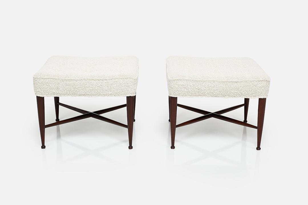 Edward Wormley, 'Thebes' Stools (2): Edward Wormley Pair of 'Thebes' stools, Mahogany, fabric. Manufactured by Dunbar, USA. Each: 18" H x 22.5" W x 22.5" D